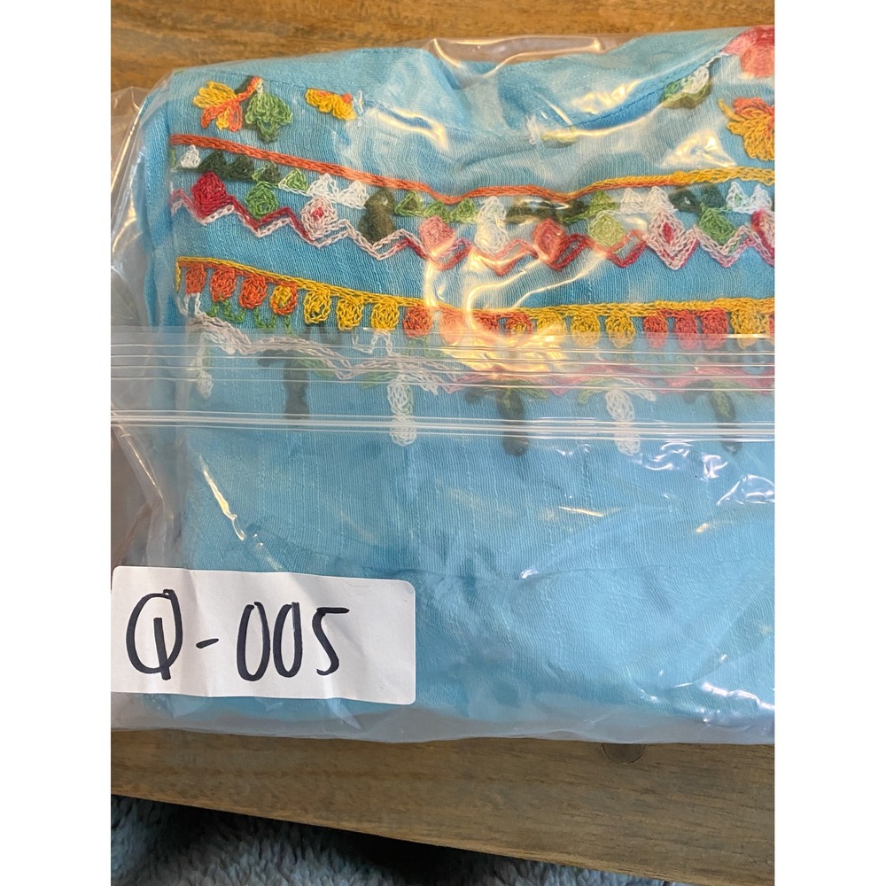 Turquoise Blue Embroidered Peasant Blouse Top Pintuck Floral Boho Balloon Sleeve - Picture 7 of 8